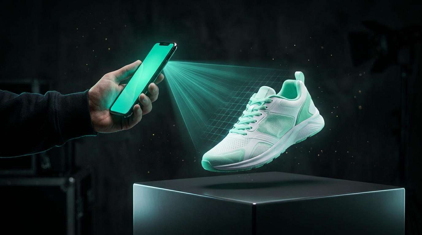 A phone scanning a sneaker with an AI scan beam