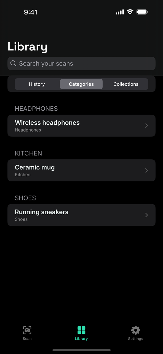 Lensloot Categories screen grouping items by type